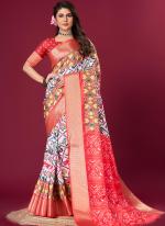 Soft Dola Sattin Red White Party Wear Printed Saree